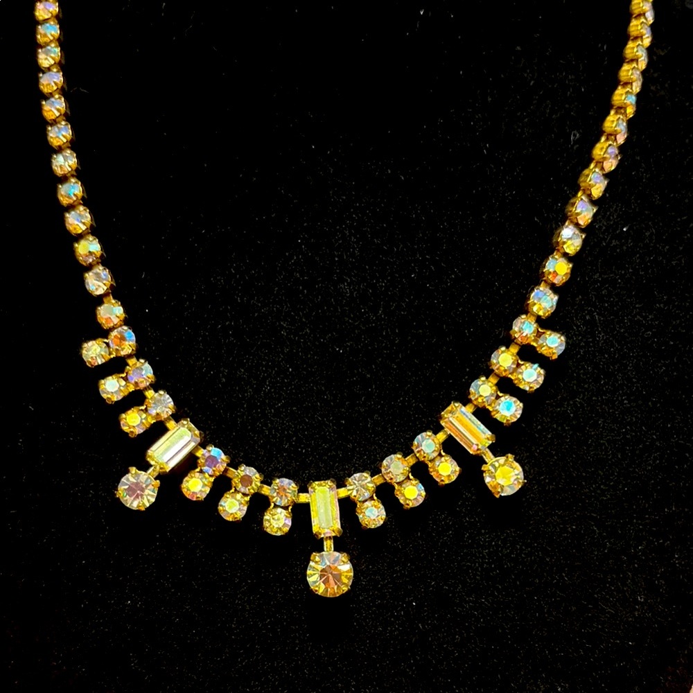 Vintage aurora borealis coated crystal necklace in gold tone